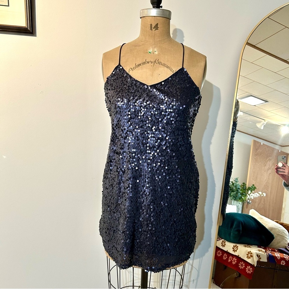Express Women’s Racerback Matte Navy Sequin Dress Sz S EUC